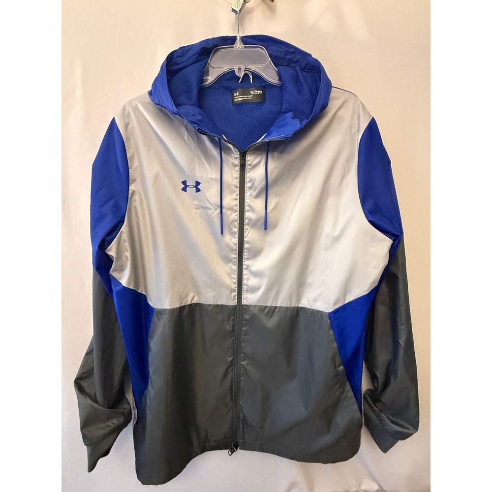 Under Armour Mens Windbreaker Jacket XLT Blue Silver Grey Hooded
